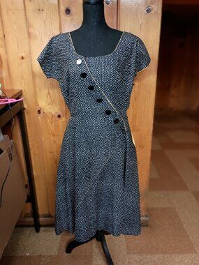 Vintage 1950s Dress Black White Yellow Large Pockets EUC Cocktail Rockabilly